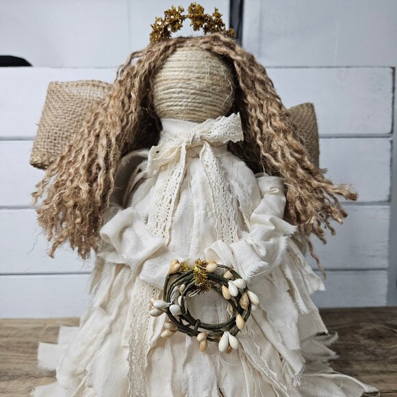 Boho Farmhouse Primitive Cream color Muslin Rag Christmas Angel Tree Topper - Picture 1 of 5